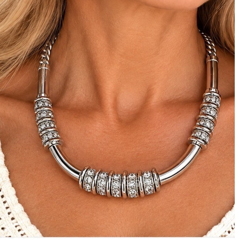 Crystal Pavé Rondelle Necklace Curved Bar Statement Collar Silver Tone Polished